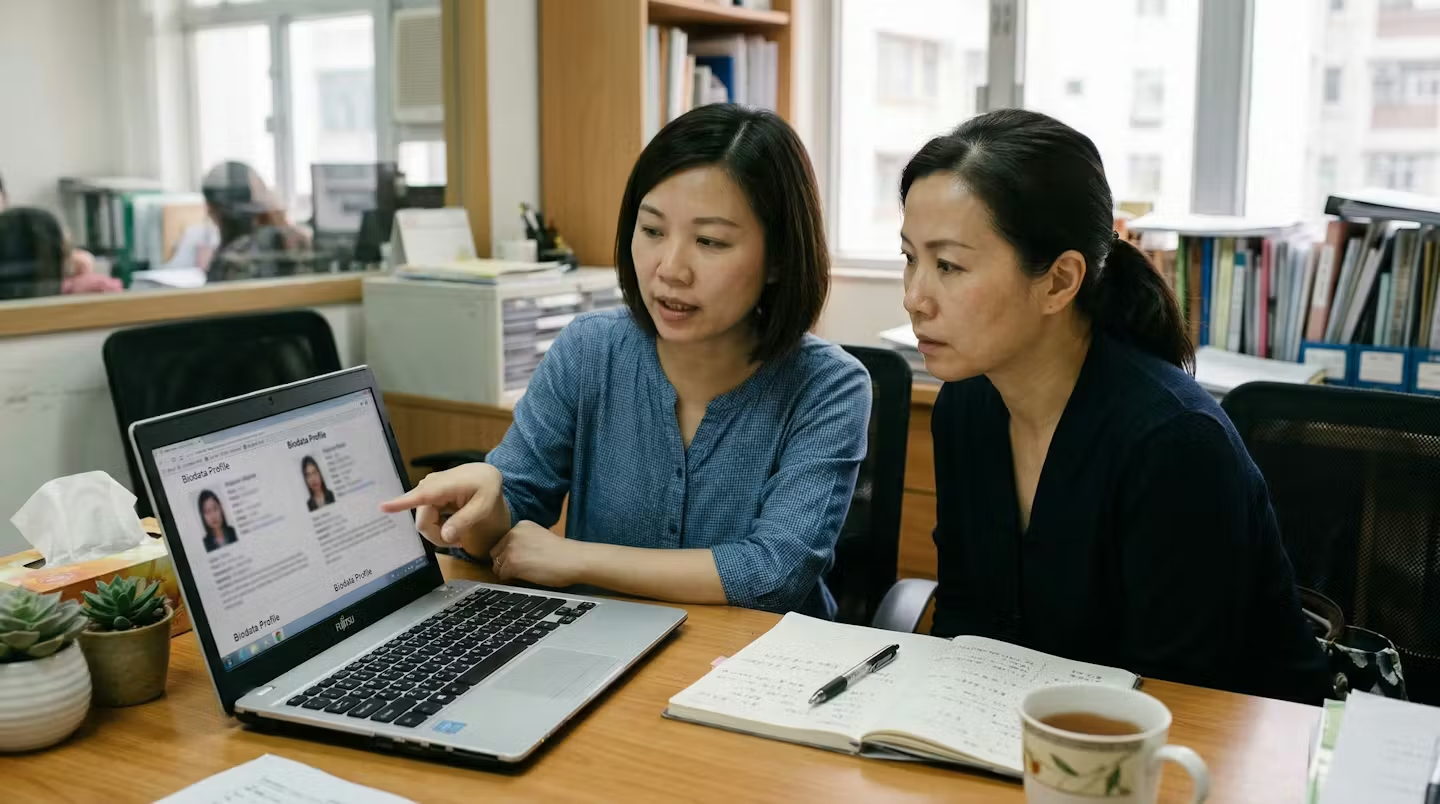 Duck Duck Day 顧問為客戶講解外傭篩選流程 — 真人配對服務